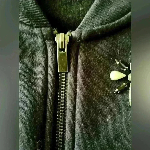 BANANA REPUBLIC - Jeweled Bomber Jacket. Navy with Fleece Lining. Medium - Picture 2 of 11